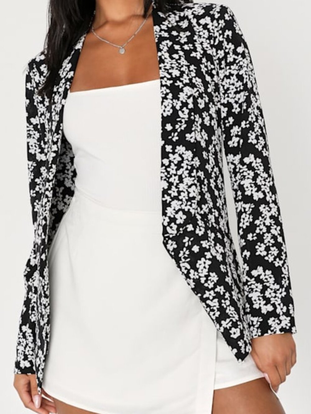 Lulus Miss Punctuality Black And White Floral Lightweight Blazer - Size XS